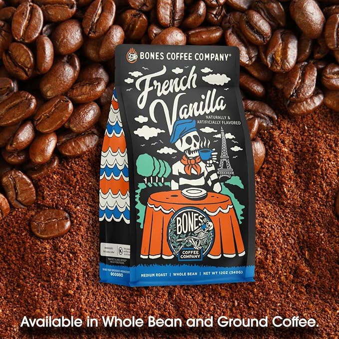 Bones Coffee Company French Vanilla, Creamy Vanilla Flavored Coffee, Medium Roast Low Acid Arabica Beans Compatible with Auto drip and French Press Coffee Maker, 12 Oz Ground