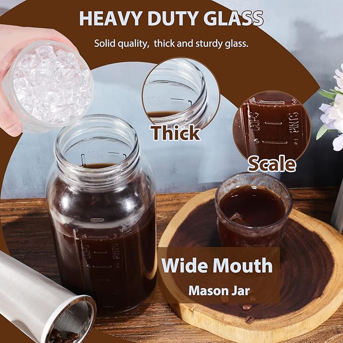 Glyntrof Cold Brew Coffee Maker Glass Pitcher, 32 oz Mason Jar with Pour Spout Handle Lid with Stainless Steel Filter for Iced Coffee, Lemonade, Ice Tea, Fruit Drinks