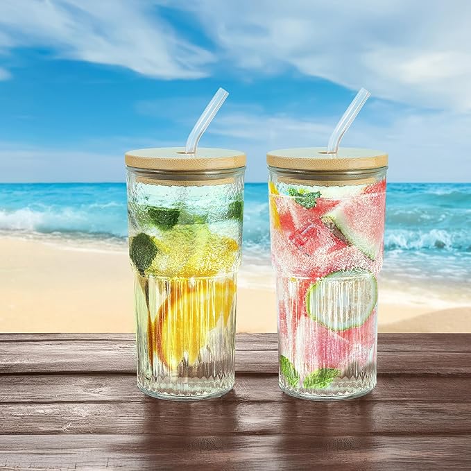 Joeyan 24 oz Clear Glass Tumbler with Straw and Bamboo Lid,Ribbed Large Glasses Cups for Iced Tea Coffee Smoothie Water Juice Beverages Soda,Thickened Drinking Jar,Set of 2,Dishwasher Safe