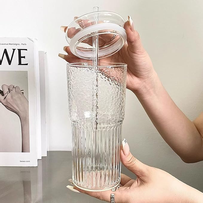 20oz Glass Cups With Glass Lids and Straws, High Borosilicate Iced Coffee Cups, Reusable Glass Tumblers for Coffee, Tea, Juice, Smoothies, Hot/Cold Drinks at Home, Office - 4 Packs