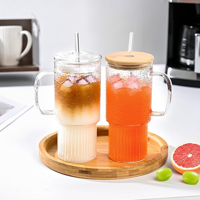 32oz Ribbed Glass Cup with Handle Lid and Straw，Borosilicate Glass Tumblers, Iced Coffee Cups Modern Glass Mug Hot/Cold Drinks for Smoothies, Tea, and Juice (clear-2Pack-glass Lid)