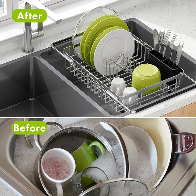 Expandable Stainless Steel Dish Drying Rack Over The Sink For Small Kitchen, Counter Space Saving Compact Metal Plate Drainer Strainer, Adjustable Hanging Inside Sink Rust Proof Wire Dryer Holder