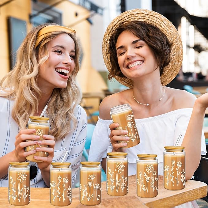 Mumufy 8 Pack Bridesmaid Gift Glass Cups, Cute Flower Mason Jars with Bamboo Lids & Straws, 16oz Iced Coffee Tumblers for Wedding, Bridal Party, Birthday, Mother's Day(Boho Floral)