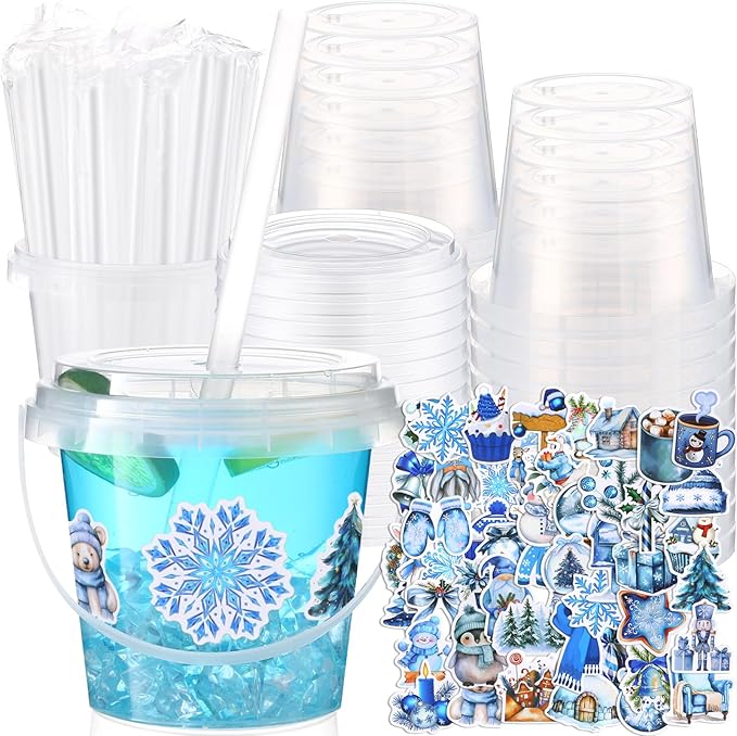 Funnymoom 30 Sets Clear Plastic Cups 24 oz Ice Cream Buckets with Lids & Straws Disposable Drink Cups Cocktail Pails Bulk with Handles and Stickers for Outdoor Beach Birthday Pool Party(Winter)