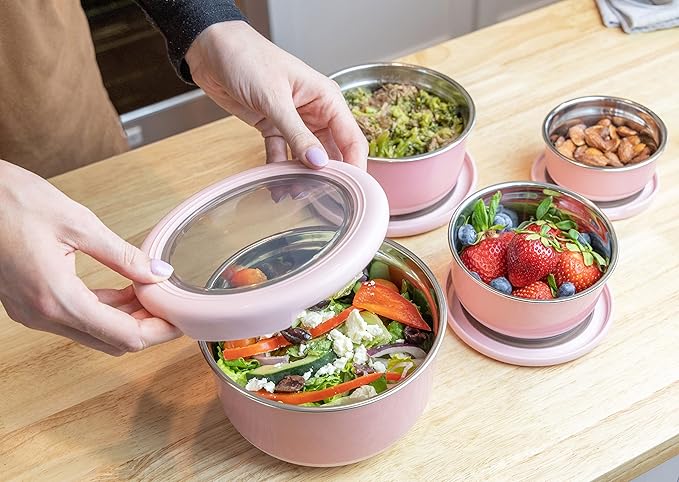 MIRA Stainless Steel Food Storage Set - 4 Anti-Slip Containers for Meal Prep - Multi-Size Pack (1, 2, 3, 5 Cups), Dusty Pink