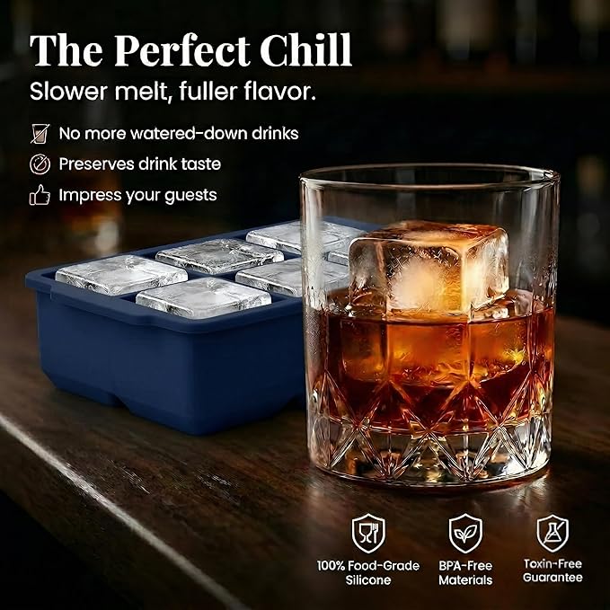 KitchFort Large Silicone Ice Cube Tray (2-Pack), Easy Release 2" Big Ice Cubes - Cocktail, Whiskey Ice Cubes Mold - Ice Trays for Freezer with Lid - Stackable Silicone Ice Tray - Navy Blue