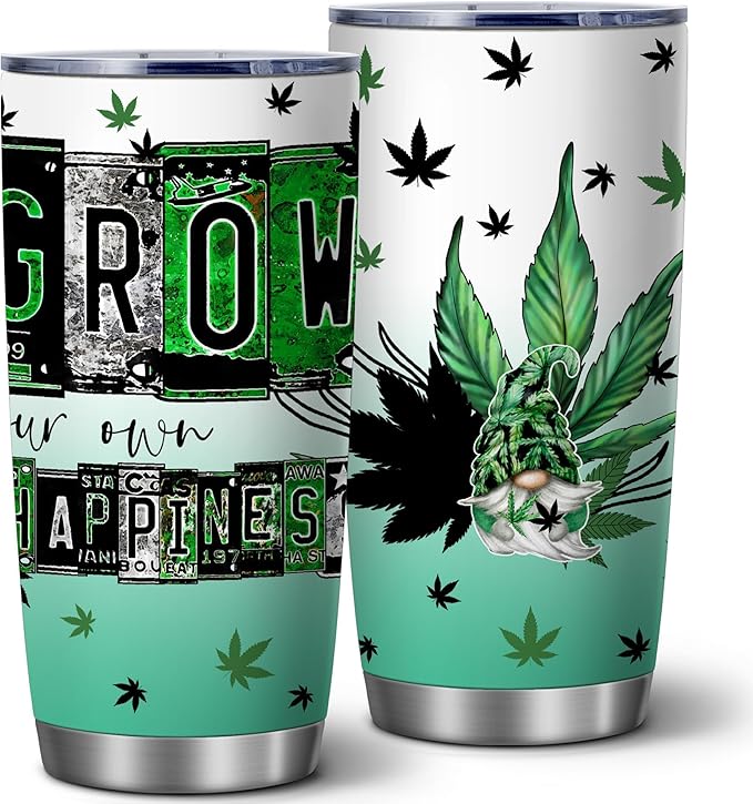 ATHAND Grow Your Own Happiness Tumbler, 20oz Insulated Stainless Steel Travel Coffee Mug with Lid, Funny Weed Marijuana Green Tumbler, Novelty Gift for Cannabis Lovers, Men & Women,1 Pcs