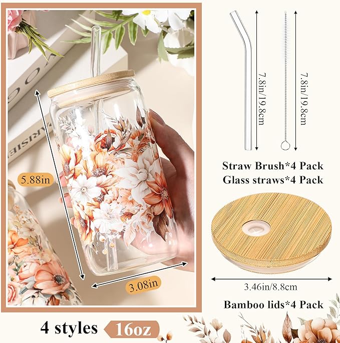 Mumufy 4 Pack Gift for Women Cute Glass Cup Tumbler Flower Iced Coffee Mugs 16 oz Glass with Bamboo Lid & Straw, Mothers Day Birthday Gift for Mom Sister Bridesmaid Baby Shower(Brown Flower)