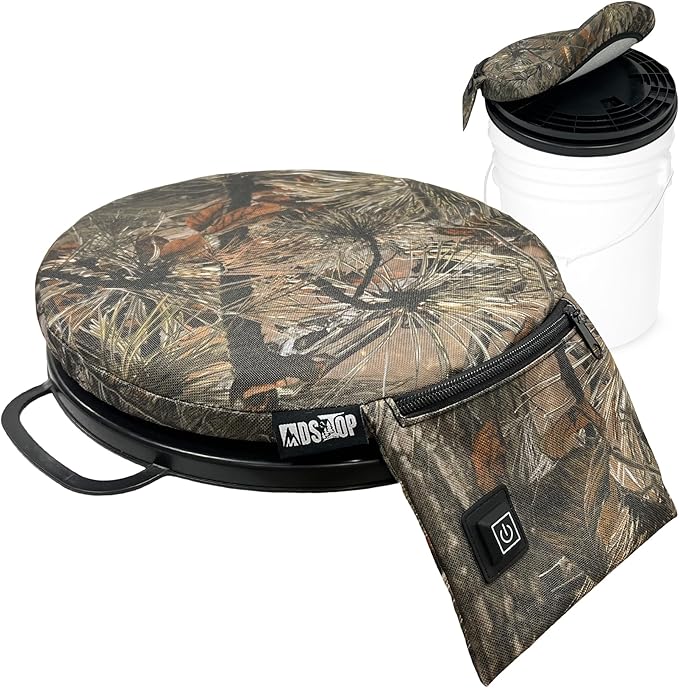 MDSTOP Heated 5 Gallon Bucket Seat, 360-Degree Swivel Bucket Seat Lid, Waterproof Top Seat Foam Cushion for Dove Duck Hunting, Ice Fishing, Baseball, Gardening, Camping（No Power Bank）