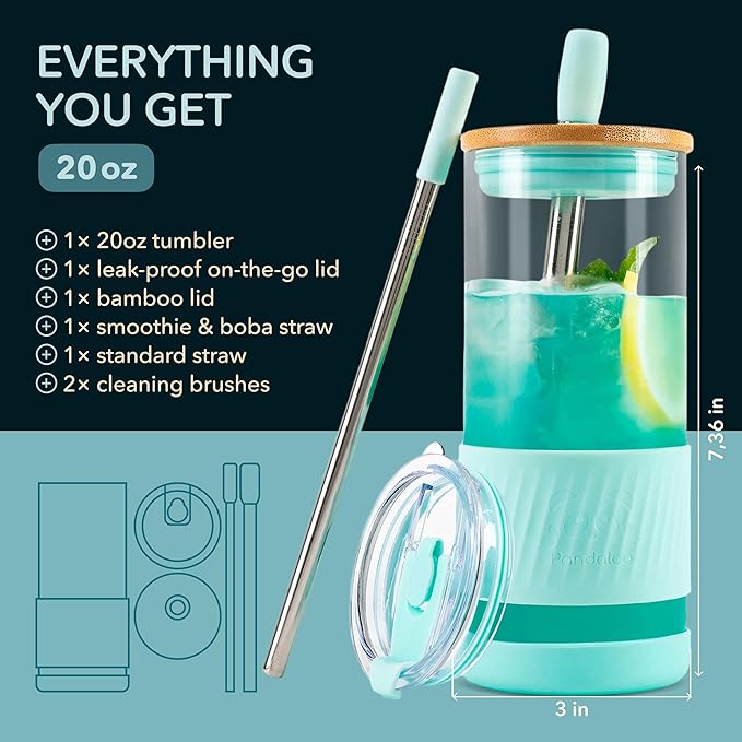 Pandaloo® Glass Cups With Lids and Straws -20 Fl Oz- Perfect Size Iced Coffee Cup - Smoothie Cup With Bamboo Lid and On the go Lid - Glass Tumbler With Straw (1 Count (Pack of 1), Carribean Blue)