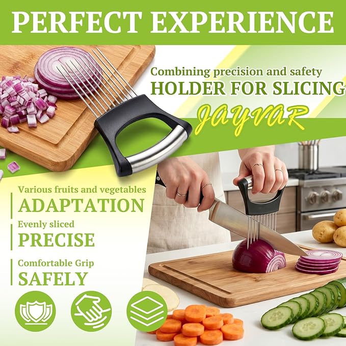 JAYVAR Onion Holder for Slicing, Stainless Steel Onion Slice Holder with 10 Long Needles, Onions Cutter Vegetable Chopper, Onions Chopper Tool, Food Slicing Guide for Neat Slicing,Tomato Potato Cutter