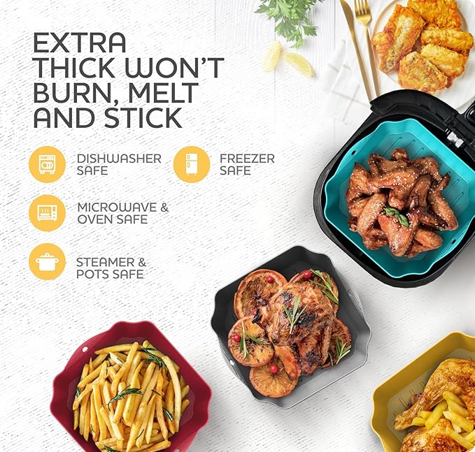 ZIP STANDING Silicone Air Fryer Liners Set OF 4, for 5-8QT Tray Baking Oven, 8.5” Reusable Square with Handles & Holes, Inserts, Accessories