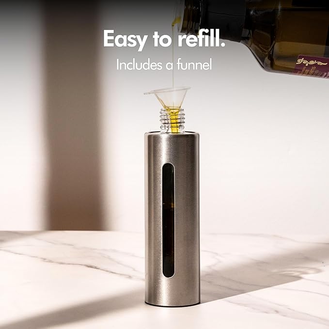KIVY Glass Oil Sprayer for Cooking– Precise Oil & Vinegar Spray Bottle Oil Mister Spray Bottle for Food – Includes Funnel – Perfect for Cooking & Air Fryer (Brushed Stainless Steel)