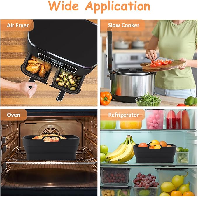 2Pcs Air Fryer Silicone Liners for Ninja SL401 /DZ201/ DZ401/ DZ550 8-10 QT, Reusable Liners for COSORI, Chefman, Instant Air Fryer, Silicone Air Fryer Basket Liners with Magnetic Cheat Sheet, Black