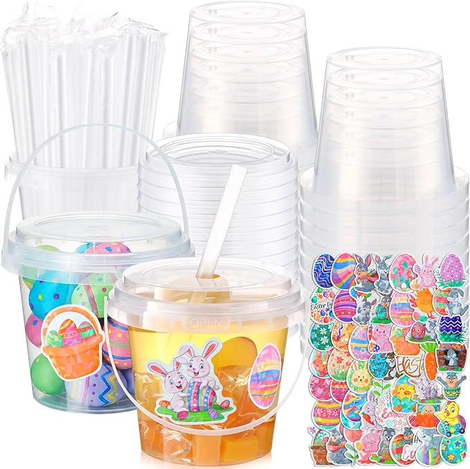 Funnymoom 30 Set Easter Clear Plastic Cups with Lids & Straws, 24oz Disposable Rum Buckets Cocktail Pails Bulk with Handles & Stickers Creative Egg Hunt Baskets Party Favors for Adults