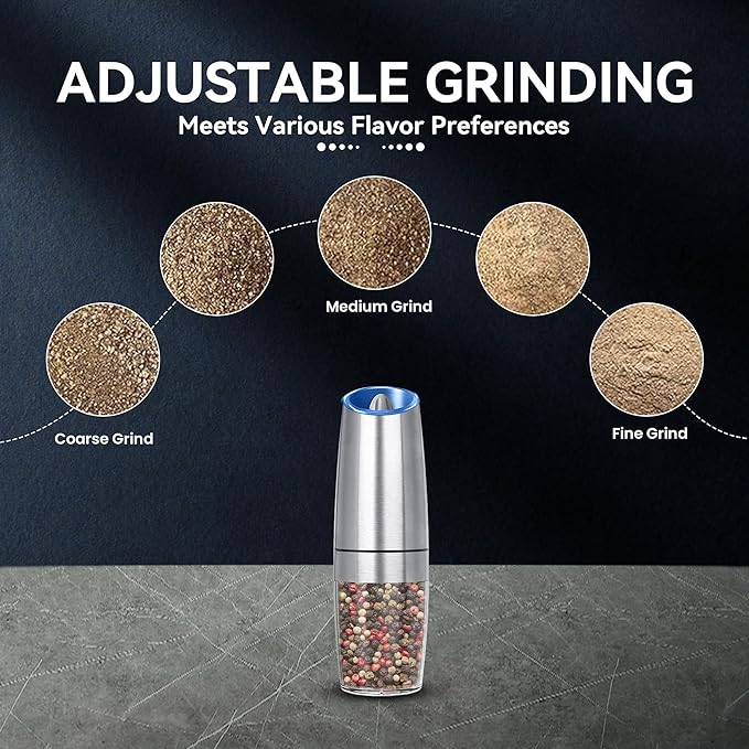 UNNEES Rechargeable Electric Salt and Pepper Grinder, gravity electric salt and pepper grinder, Adjustable Roughness, LED Light, 1 Pack, (Silver)