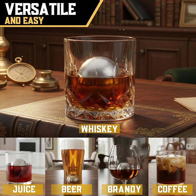 Gifts for Men, Dad, Husband - 4 Stainless Steel Whisky Ice Balls(2XL,2L), Tongs & Freezer Pouch in Luxury Gift Box for Bourbon|Scotch|Whiskey Lovers! (Not-Solid)