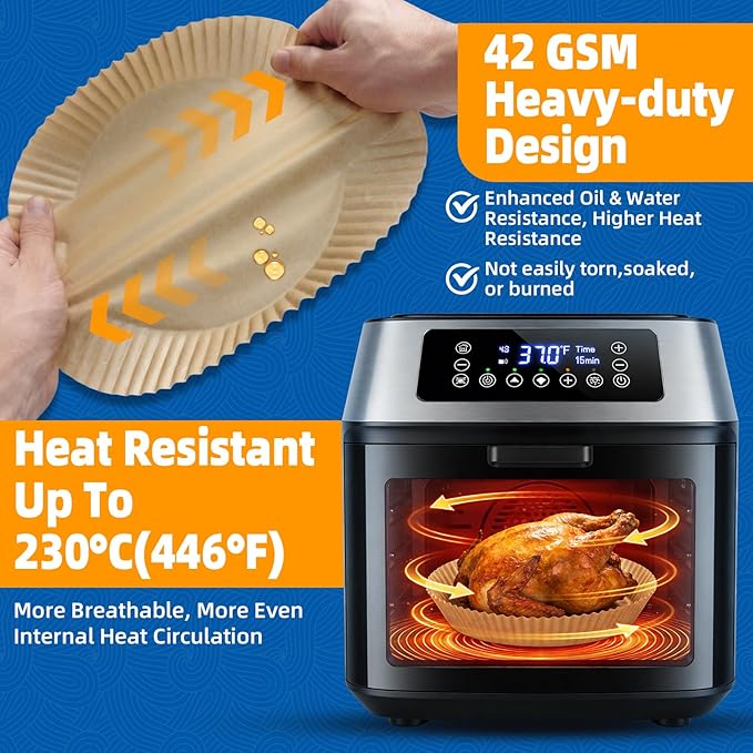 Ninja 4qt/5.5qt Round Air Fryer Liners Disposable, HONYAO 200pcs 8 inch Strong Paper Liner for most 5qt - 8qt Circle Airfryer Basket, BPA Free Food Grade Accessories for Oven Microwave (9'' on Top)