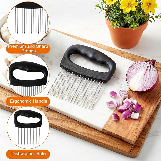 Extra Large Onion Holder for Slicing Tomato Slicer With 16 Long Needles Cutter Onion Slicer Holder Vegetable Chopper Tomato Potato Meat Tenderizer Stainless Steel Black