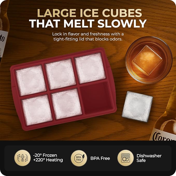 Large Ice Cube Trays for Whiskey, Silicone Ice Cube Tray, with Reinforced Steel Ring Top, Makes 12 perfect 2-in ice cubes, Square Ice Tray for Cocktails, Whiskey, Coffee. (2 Pack)