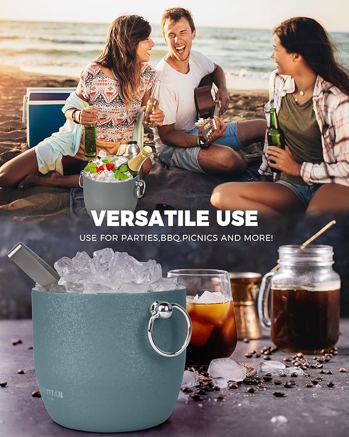 POLIVIAR Ice Bucket, 2.5L Double Wall Ice Bucket with Lid, Stainless Steel Ice Bucket with Tong & Strainer, Ice Bucket for Cocktail Bar, Home & Parties, JX2023-IBLU