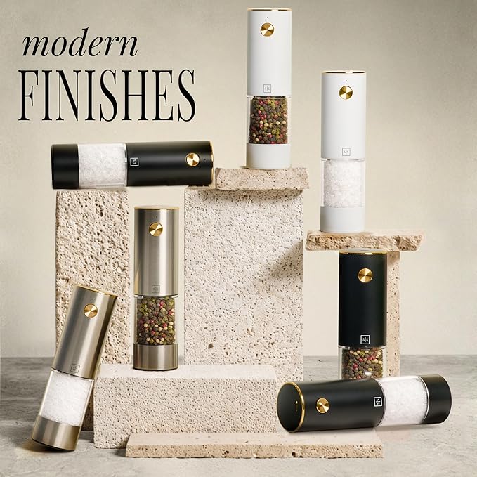 Rechargeable Electric Salt and Pepper Grinder Set – Sleek Stainless Steel White and Black Black Salt and Pepper Grinder Set with USB-C Charging, Adjustable Coarseness, LED Light, One Touch Control