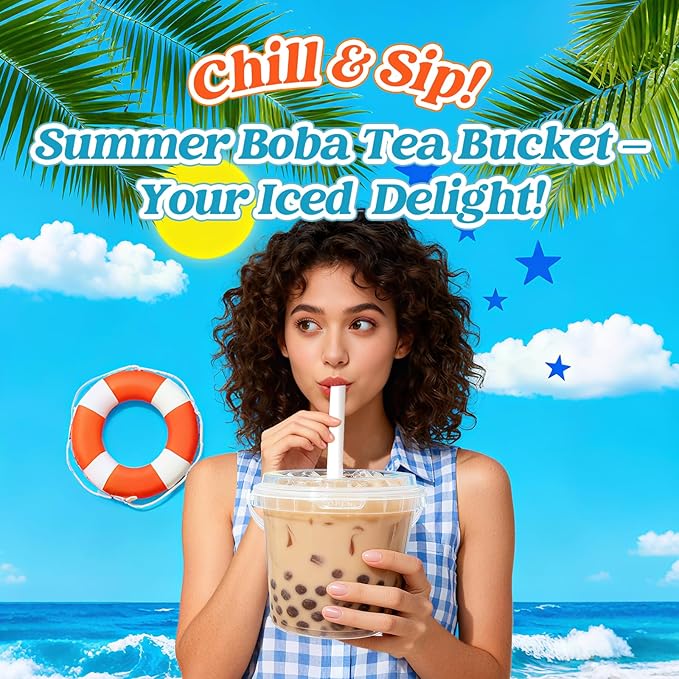 Clear Plastic Cups with Lid and Straw, Reusable Drink Bucket with Handle for Iced Coffee, Smoothie, Ice Cream - Sturdy Food Safe Party Cups for Pool, Beach, Birthday Parties (10, 16 oz)