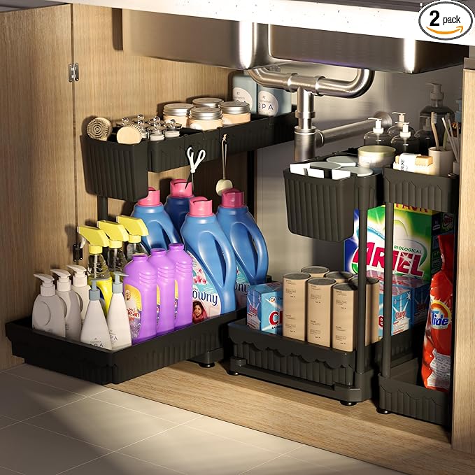 Sevenblue 3 Pack Multi-Purpose Under Sink Organizers and Storage, 2026 L-Shaped Pull Out Cabinet Organizer for Bathroom & Kitchen, Under Cabinet Organizer with Hooks Hanging Cup (Black, 14.85 inch)