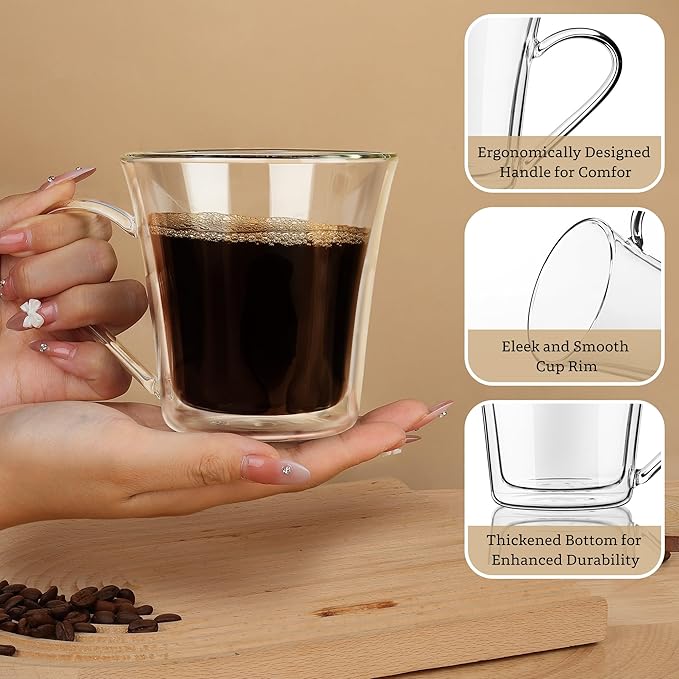 Joeyan 12oz Double Walled Glass Coffee Mugs, Clear Insulated Glass Coffee Cups with Curved Handle, Wide Mouth Latte Cappuccino Espresso Mugs for Hot/Cold Drinks, Iced Coffee, Tea, Cocktails, Set of 2