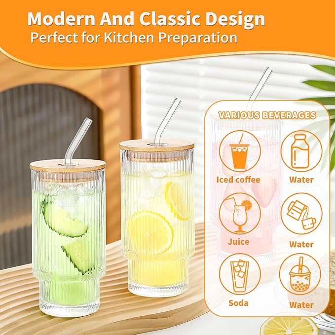 16oz Glass Cups with Lids & Straws, Glass Tumbler with Straw and Lid, Trendy Ribbed Design & Stackable for Iced Coffee/Cold Brew, Perfect for Home/Office by Coffee Lovers & Commuters (16OZ-4PACK)
