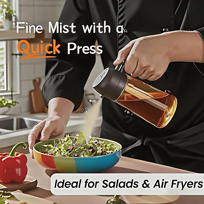 Oil Sprayer for Cooking 2 in 1, Olive Oil Dispenser for Kitchen Gadgets, 16oz/470ml Premium Light-Blocking Oil Bottle, Food-Grade Spray Bottle, for Salad, Air Fryer, BBQ (Brown)