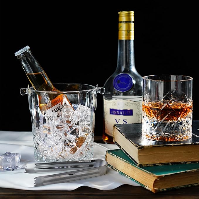30.4oz Glass Ice Bucket with Handle Ice Tong 5 * 4.1inch Crystal Clear Cocktail Wine Champagne Cooler for Christmas Bar Parties Cocktail Accessories