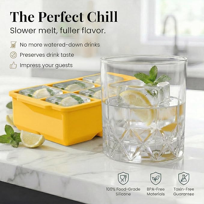 KitchFort Large Silicone Ice Cube Tray (2-Pack), Easy Release 2" Big Ice Cubes - Cocktail, Whiskey Ice Cubes Mold - Ice Trays for Freezer with Lid - Stackable Silicone Ice Tray - Mustard Yellow