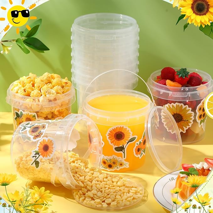 PerKoop 20 Pcs 32 oz Ice Cream Buckets with Lids and Handles Clear Cocktail Rum Buckets with Stickers Plastic Transparent Tub Reusable Food Storage Containers for Parties(Sunflower)