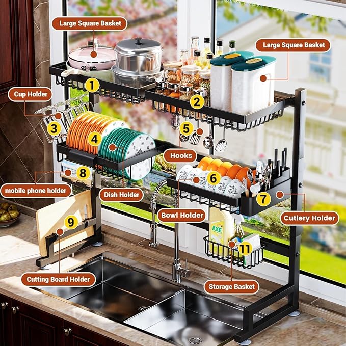 ilvvan Over The Sink Dish Drying Rack 27-40L x 12W x 32.5-37H (inches) (Expandable Height and Length) Snap-On Design 2 Tier Large Dish Rack