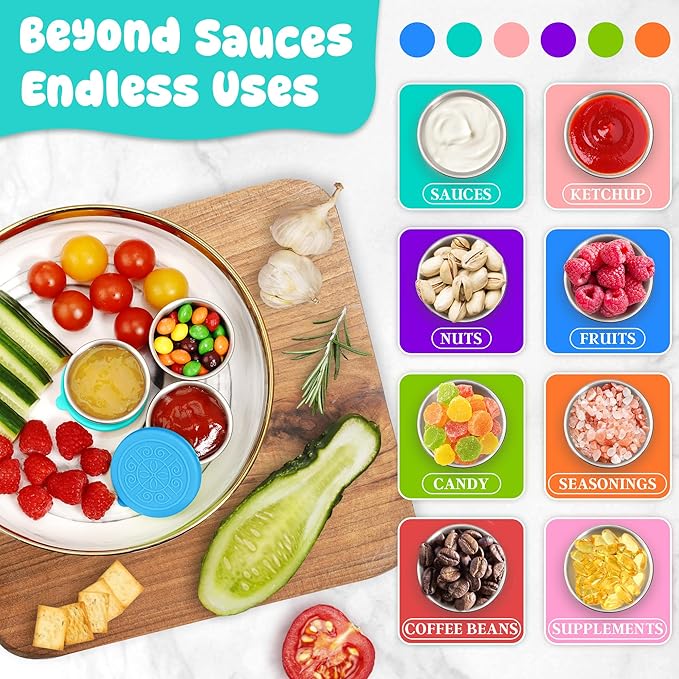 LIEMAND 6x1.6 oz Salad Dressing Container to Go, Leakproof Reusable Stainless Steel Small Container with Lid,Sauce Containers for Lunch box,Picnics,Travel,Office and Meal Prep