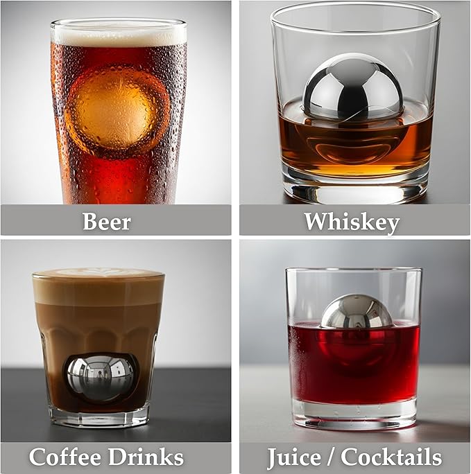 4 Premium XXL 55mm Stainless Steel Ice Whiskey Balls with Freezer Tray| Whiskey Rocks, Chilling Stones, Whiskey Stone Ice Cube Balls, Round Chilling Spheres (Not Solid Steel)