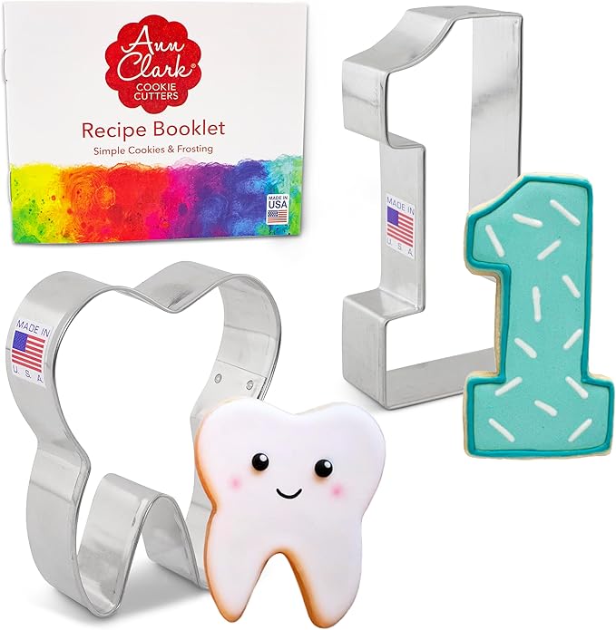 Ann Clark 2-Pc First Tooth Cookie Cutters Set (Tooth & Number 1), Made in USA