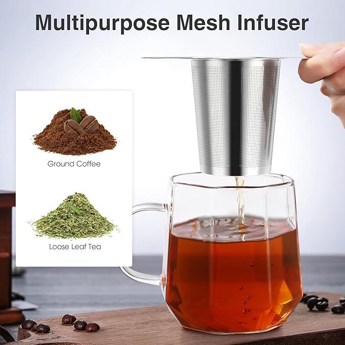 IPOW 2 Pack Extra Fine Mesh Coffee Filter with Coaster Lid and Double-sided Handle, Micron Mesh Tea Infuser for Loose Tea, Food-grade Stainless Steel