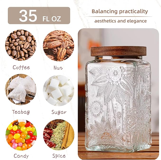 Custde Glass Storage Jars With Airtight Lid, 35oz Container For Kitchen Counter with Wood Lid, brown sugar, candy, coffee, cookie, salt, tea, cute Jar (Large Square Sunflower)