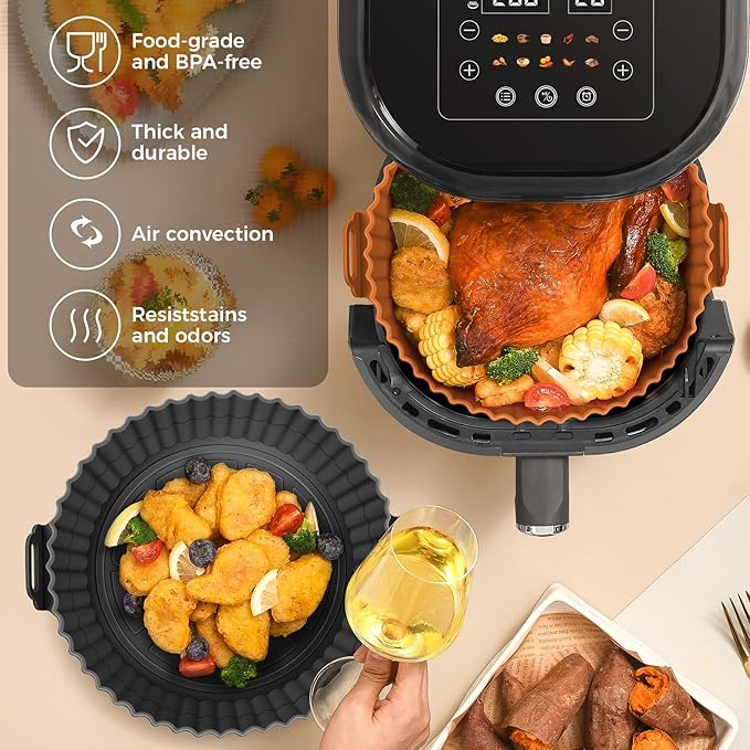 Buauty 3 Pack Air Fryer Silicone Liners 8inch Air Fryer Pot Reusable Food Grade Silicone Airfryer Liners Baking Basket Accessories Replacement of Flammable Disposable Parchment Paper