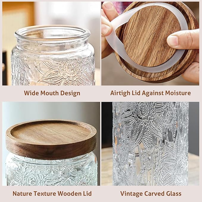 24 OZ Airtight Glass Storage Jar with Bamboo Lid - Vintage Glass Jar Vintage Food Containers Canisters Set for Kitchen Counter & Pantry - Ideal for Sugar, Flour, Coffee, Tea, Candy, Oats -4 Pack