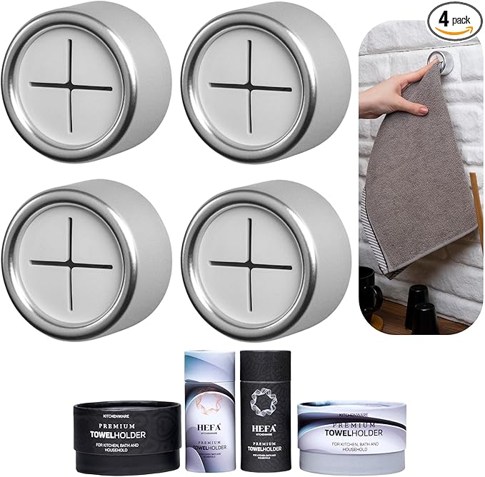 HEFA Self Adhesive Dish Towel Holder Hooks, No Drill Organizer for Cabinet Door, Sink Area or Bathroom, Space Saving Design, 4 Pack