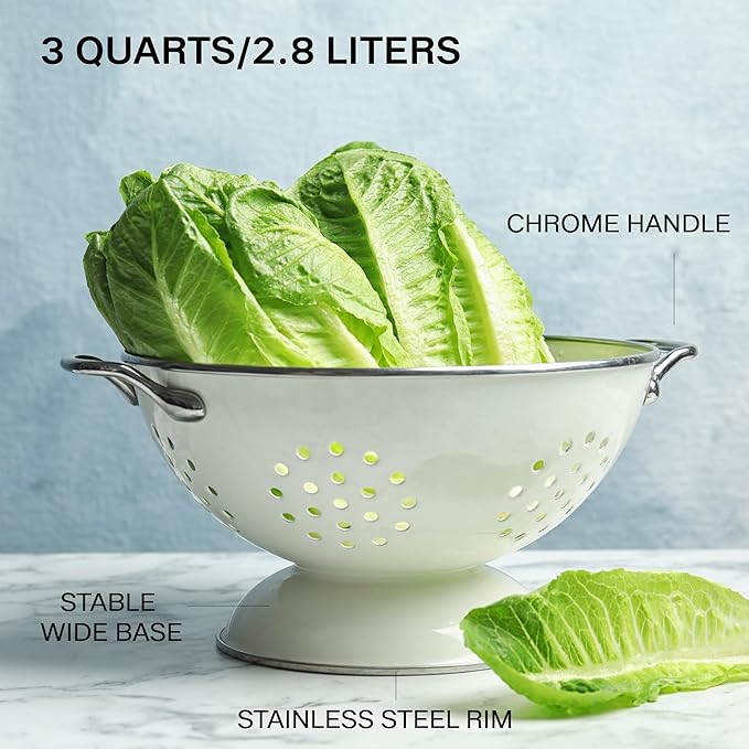 Reston Lloyd, 3 Quart Powder Coated Steel Kitchen Strainer Basket for draining Pasta, Vegetable and Fruit, Chrome Handles and Wide Stable Base, Aqua-Blue