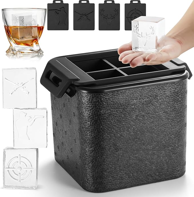 Clear Square Ice Cube Maker Mold for Whiskey Bourbon, Hunting Gifts for Men, Stocking Stuffers for Men, 4 Hunting Theme Ice Stamp Included