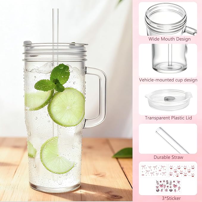 Birity 24oz Pink Bow Glass Cups with Lids and Straws,2 Set Glass Tumbler with Handle,Galss Cup with Stickers and Aesthetic Iced Coffee Cup for Smoothies,Tea,Juice,Boba,Christmas Gifts for Women