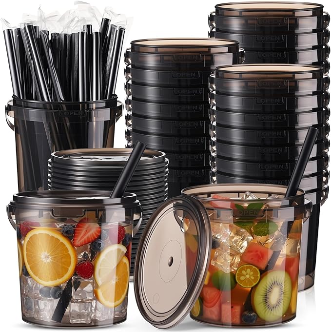 Funnymoom 24 Pack 32 oz Plastic Rum Buckets for Drinks with Straws Ice Cream Cocktail Bucket with Lids and Handles Reusable Food Containers Cup for Parties Summer Beach Bar Beer (Black)