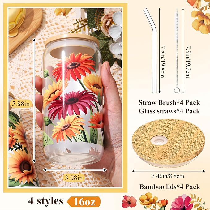 Mumufy 4 Pack Oil Flower Themed Gifts for Women Cute Glass Cup Tumbler Flower Iced Coffee Mugs 16 oz Glass with Bamboo Lid & Straw, Christmas Mothers Day Birthday Gift for Mom Sister Bridesmaid