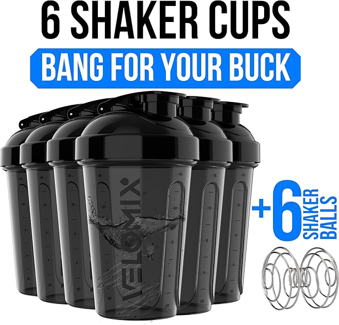 VELOMIX -6 PACK- 20 oz Protein Shaker Bottle for Protein Mixes - 6x Wire Whisk | Leak Proof Shaker Cups for Protein Shakes| Stackable Protein Shaker Bottle Pack | Dishwasher Safe (ALL IN BLACK)