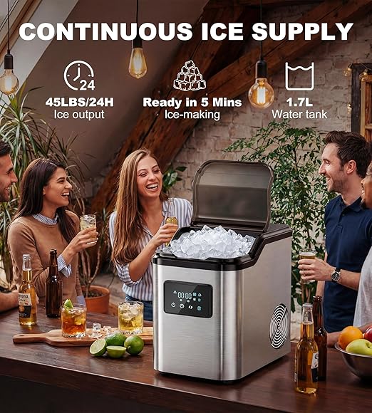 Landeagle Nugget Ice Makers Countertop,Portable Pebble Ice Machine with Crushed Ice,45lbs/Day Soft Pellet Ice Maker Stainless with 24H Timer, Self-Cleaning Chewable Sonic Ice for Home,Kitchen,Office